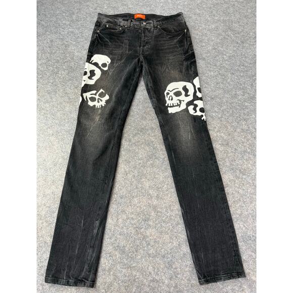 Bossi Men’s SPRP Leather Skull Black Faded Skinny Fitted Denim Jeans Size 34 - Picture 1 of 5